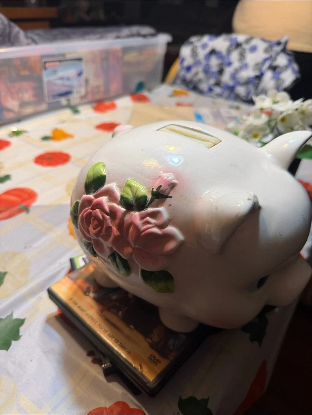 White Ceramic Piggy Bank with Pink Rose Accent - Decorative Home Accent